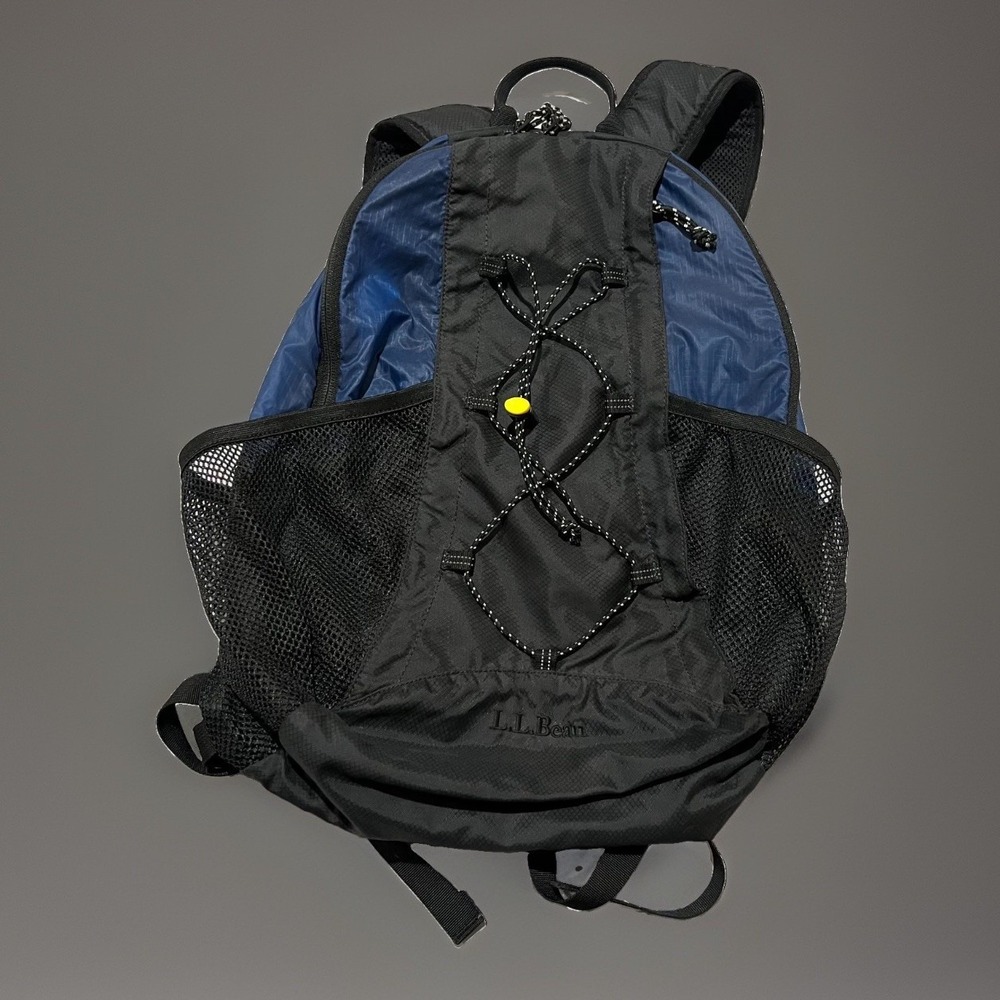 Vintage LL Bean Mens Blue Black Bungee Cord Ultra Light Packable Hiking Backpack